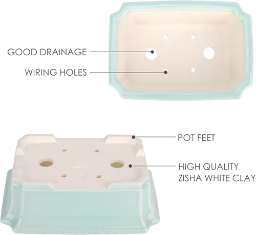 Miniatura 3 de Zisha - Juego de 2 macetas de arcilla blanca para bonsái esmaltadas poco profundas, color verde claro