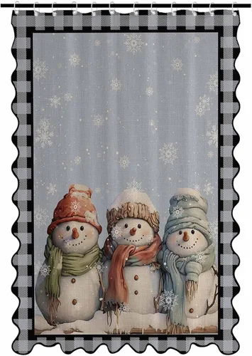 Scalloped Shower Curtain for Bathroom 36"x72" Christmas Cartoon Snowman Black Plaid Waterproof Wave Bathroom Shower Curtain Sets with Hooks Bath