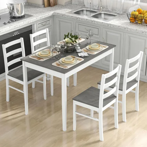 Miniatura 10 de Tangkula - Juego de mesa de comedor para 4, madera maciza, juego de comedor de estilo granja con patas de madera de goma, diseño moderno de mediados