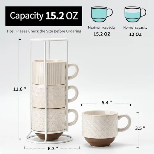 Miniatura 2 de Juego de 4 tazas de café de cerámica grandes con soporte, 15 oz, apilables, tazas de café con relieves diferentes y acanaladas para café con leche