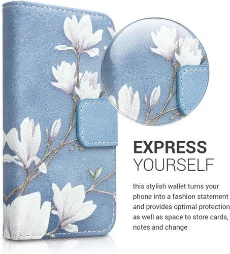 Miniatura 2 de kwmobile Funda tipo cartera compatible con Apple iPhone 4 y 4S, magnolias gris topo, blanco, azul y gris