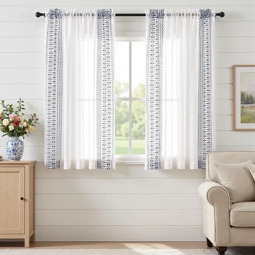 Miniatura 2 de jinchan Cortinas traslúcidas para sala de estar, dormitorio, cortinas azules bohemias bordadas, cortinas de gasa bohemias de 63 pulgadas de largo