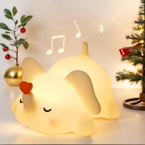 Luz nocturna de elefante para niños con música, lámpara de silicona blanda para guardería, linda luz de animal de 3 niveles regulable y recargable