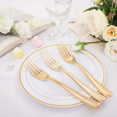 Miniatura 2 de Nervure 140 platos de plástico dorado festoneado y cubiertos de plástico dorado con mango blanco: 40 platos, 20 tazas, 20 tenedores, 20 cuchillos