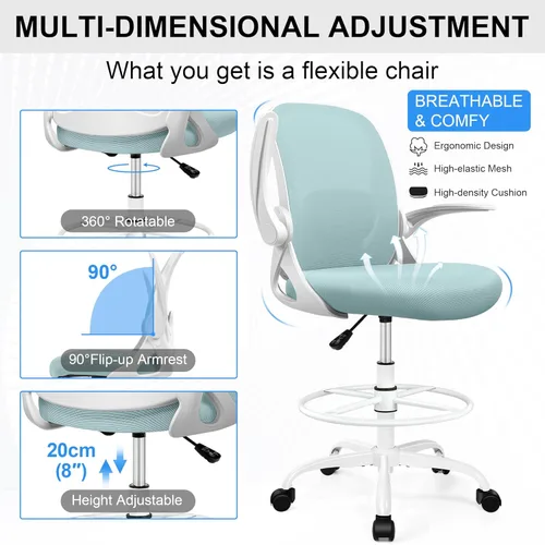 Miniatura 5 de Silla de dibujo alta de oficina con reposabrazos abatibles, altura ajustable y soporte lumbar mejorado, taburete ergonómico con ruedas, soporte