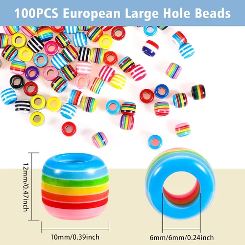Miniatura 2 de 100 cuentas europeas de agujeros grandes, cuentas espaciadoras de colores surtidos, para manualidades, joyería, manualidades, collares, suministros