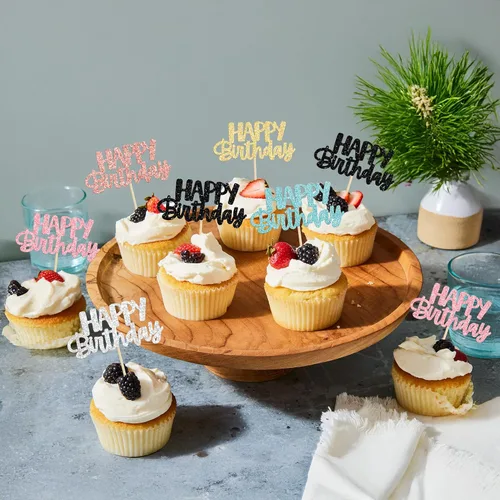 Miniatura 9 de Gyufise 24 piezas de decoración para pastel de cumpleaños con purpurina, adornos brillantes para pastel de cumpleaños, adornos de comida para 6