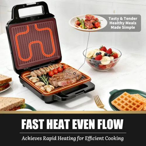 Miniatura 3 de FineMade Máquina para Hacer Waffles Belga con Placas Desmontables, Waflera Eléctrica, Gran Plancha para Waffles, Prensa para Panini de 3 en 1