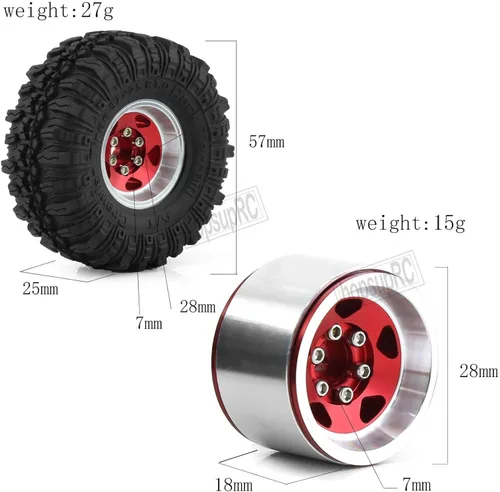 Miniatura 5 de Neumáticos de aluminio Beadlock RC de 1.0 pulgadas para camiones RC 1/18 1/24 TRX4M, SCX24, FCX24 RC Crawler, ruedas RC Hops Up (4 piezas rojas)