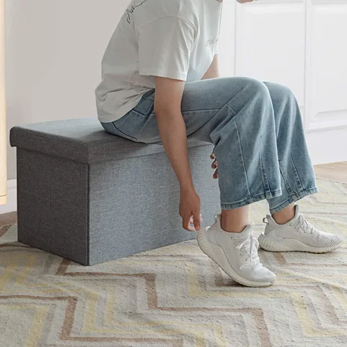 Miniatura 8 de Otomana plegable de almacenamiento con tapa abatible, banco para el extremo de la cama, banco de zapatos de tela con asiento acolchado, taburete