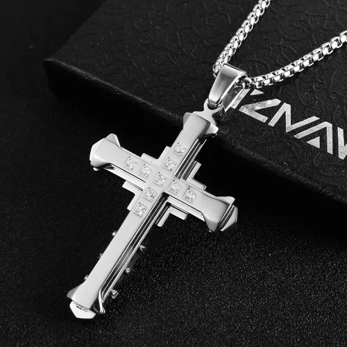 Miniatura 3 de HZMAN Religion - Collar con colgante de cruz de circonita cúbica de acero inoxidable bizantino grande para hombre, cadena de 22 + 2 pulgadas
