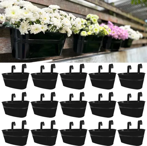 Miniatura 10 de LaLaGreen Jardinera de Barandilla para Exteriores (11.8 Pulgadas, Paquete de 4) Macetas Colgantes de Hierro Negro para Barandillas de Terraza Cubos