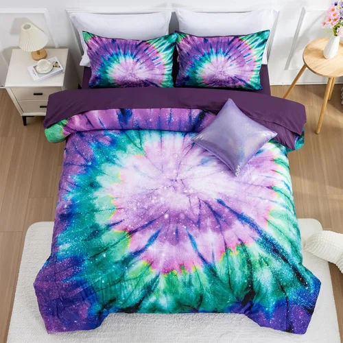 Miniatura 11 de A Nice Night Juego de ropa de cama de 6 piezas en una bolsa Juego de edredón Tie Dye Galaxy para niños, patrón de espiral psicodélico colorido Rosa