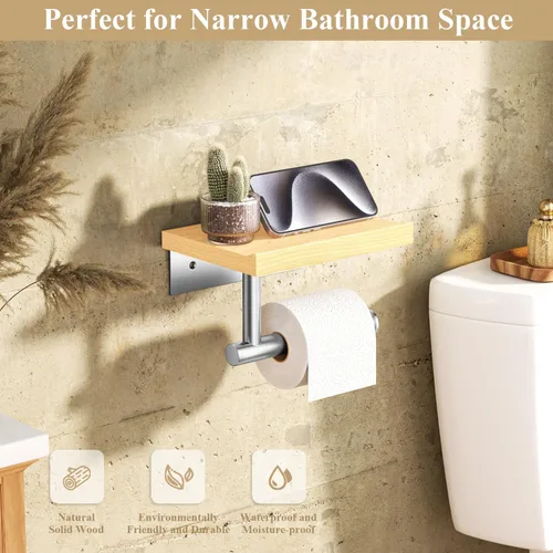 Miniatura 2 de Tindbea Soporte de papel higiénico con estante de madera, soporte de rollo de papel de seda de madera para montaje en pared, níquel cepillado