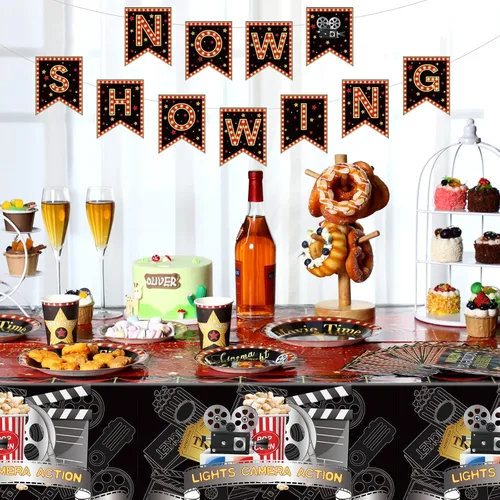 Miniatura 5 de Tiamon 171 piezas de suministros para fiesta nocturna de cine, incluye mantel de cine que se muestra ahora en pancarta, platos temáticos