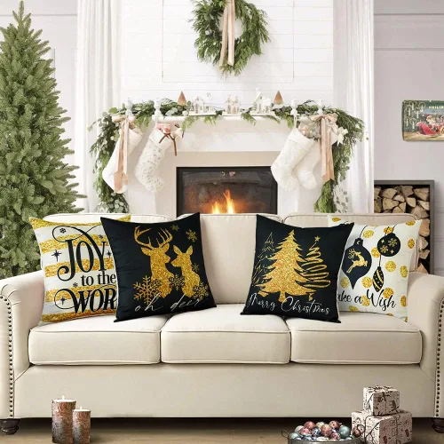 Miniatura 5 de OTOSTAR Juego de 4 fundas de almohada doradas de Navidad de 18 x 18 pulgadas para decoraciones de Navidad, alce negro y dorado, para árbol de Negro