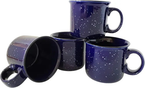Taza de café de cerámica de 14 onzas (juego de 4), color azul con acabado moteado, taza duradera de pared gruesa estilo campamento para exteriores o