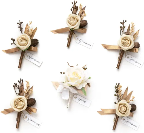 Miniatura 53 de Ling's Moment Boutonniere para Hombres Boda, Juego de 6, Novio y Padrinos Boutonniere para Boda Regreso a Casa Halloween Ceremonia Aniversario, Cena