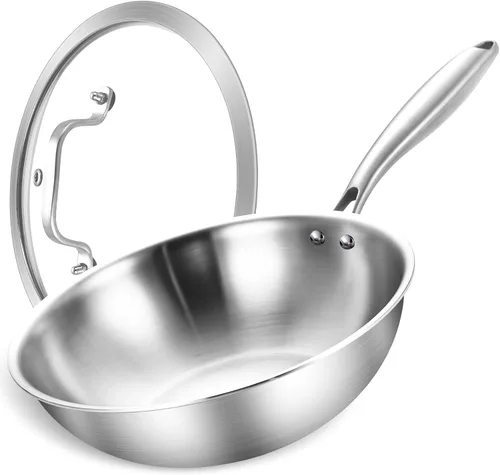 LOLYKITCH Wok pequeño de acero inoxidable de 11 pulgadas con tapa, sartén de tres capas, wok de cocina sin recubrimiento para inducción y vidrio,