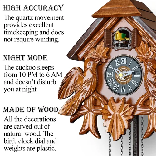 Miniatura 2 de TIMEGEAR Reloj de cuco con modo nocturno, movimiento de cuarzo y decoraciones de madera (marrón)
