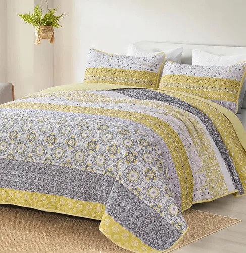Miniatura 14 de WONGS BEDDING Juego de edredón bohemio tamaño Queen, juego de colcha de retazos a rayas bohemias aguamarina con 2 fundas de almohada, juego de ropa