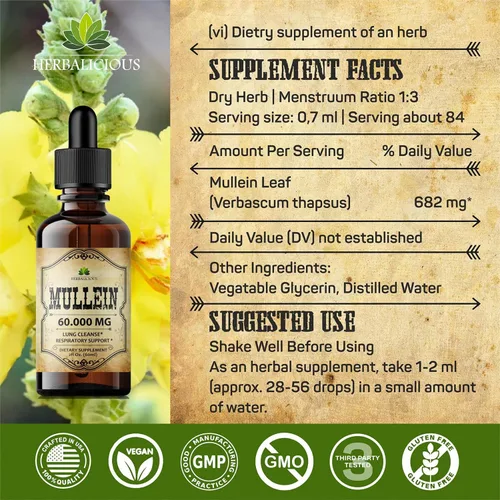 Miniatura 6 de HERBALICIOUS Gotas de gordolobo para pulmones – Suplemento orgánico de limpieza pulmonar con extracto de hoja de gordolobo (Verbascum Thapsus)