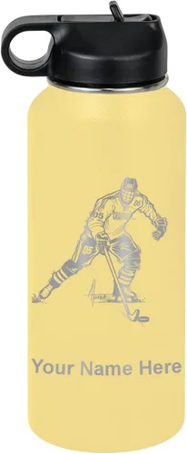 Miniatura 45 de LaserGram Botella de agua personalizada, jugador de hockey, acero inoxidable de doble pared aislada al vacío con popote superior, regalo grabado