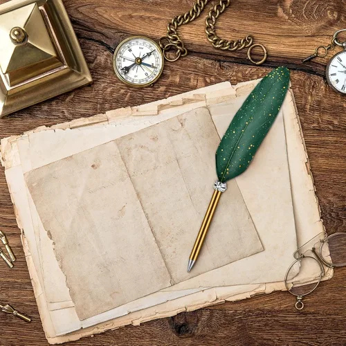 Miniatura 6 de Bolígrafo de plumas y soporte de bolígrafo de metal vintage, tinta negra, pluma de plumas vintage con 5 piezas de repuesto para boda, firma