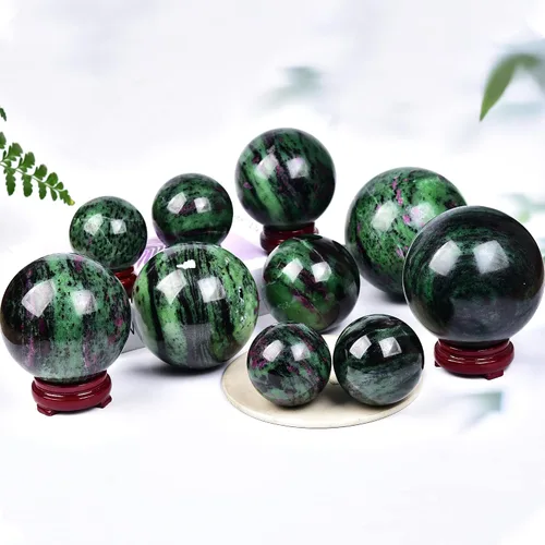 Miniatura 6 de JIC Gem Esfera grande de piedra preciosa de rubí zoisita bola de cristal curativa esfera de cristal rojo y verde con soporte de madera bola