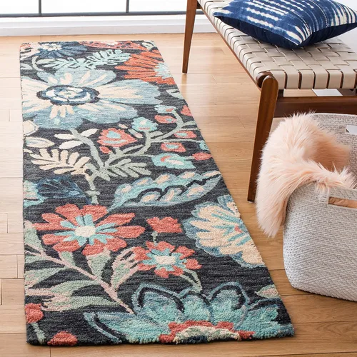 SAFAVIEH Jardin Collection - Alfombra de pasillo, 2 pies 3 pulgadas x 8 pies, carbón y azul, hecho a mano, lana floral y algodón, ideal para zonas