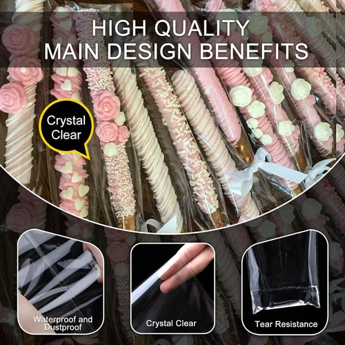 Miniatura 4 de Bolsas transparentes para barra de pretzel, 200 bolsas de caramelos, 2 x 10 pulgadas, celofán, regalo de fiesta, regalo, chelo de manzana con lazos