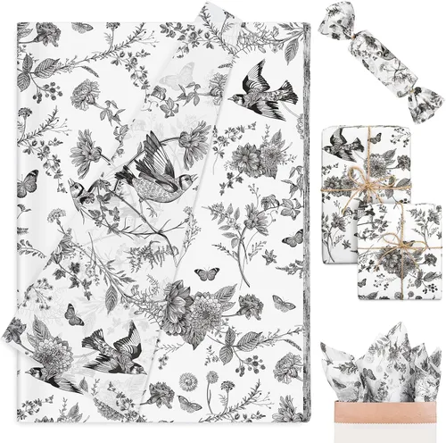 Whaline 100 hojas de papel de seda floral negro vintage chinoiserie Toile flor pájaro mariposa papel de regalo para bricolaje, manualidades,