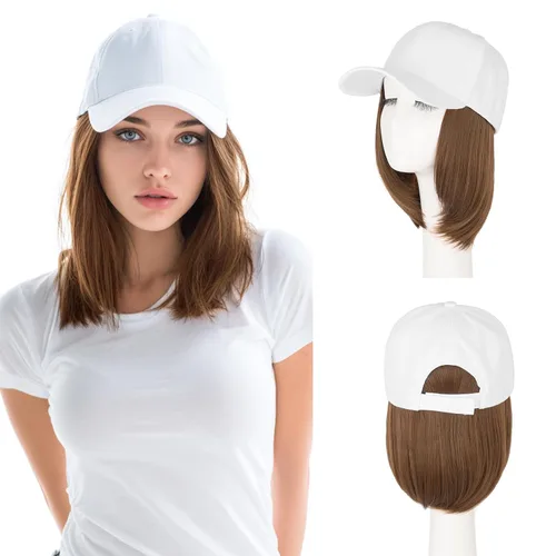 Miniatura 12 de S-noilite Peluca de gorra de béisbol de 6 pulgadas con peinado Bob y extensiones de cabello, gorra de béisbol recta ajustable para mujer