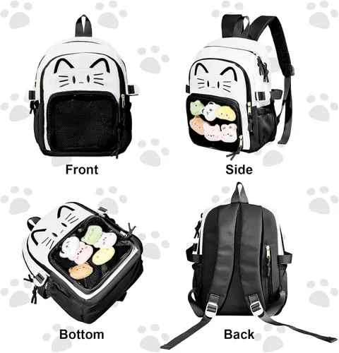 Miniatura 5 de Bolsa Kawaii Cat Ita, bolso con pines, bolsa con inserto, para uso diario y cosplay, nailon, Negro-blanco, Pequeño, Kawaii