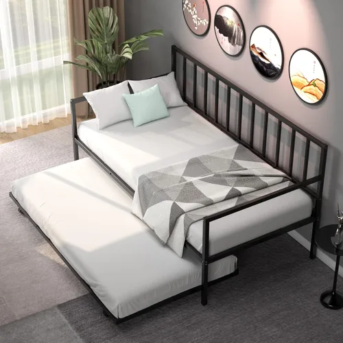 Miniatura 6 de Giantex Sofá cama individual con nido, sofá cama de metal tamaño individual con nido extraíble con 4 ruedas, sofá cama con soporte de listones