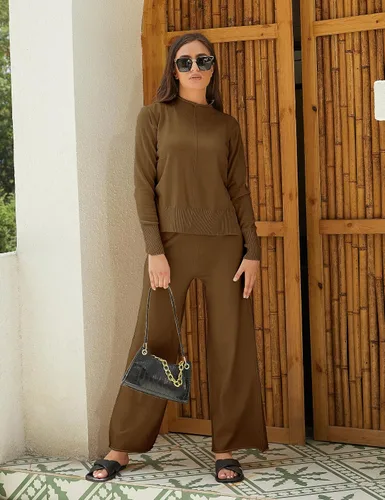 Miniatura 6 de Conjunto de 2 piezas para mujer, sudadera con cuello alto falso, pantalones de pierna ancha, conjuntos de ropa de descanso