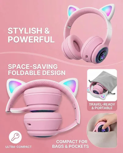 Miniatura 2 de Auriculares plegables inalámbricos Bluetooth 5.1 con luz LED, VIGROS estéreo, música, sonido envolvente con micrófono AUX para PC, pad, móvil