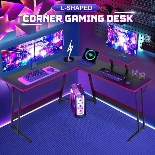 Miniatura 6 de NChanmar Escritorio para juegos en forma de L con soporte elevador para monitor, escritorio de esquina para oficina en casa para estudiar, trabajar