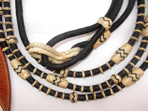 Miniatura 4 de Cuerda negra con nudos naturales, piel cruda, tachuelas de caballo trenzadas a mano Romal Romel Reins hecha a mano, cuerda de rancho/cuerda, 8.5