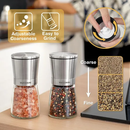 Miniatura 2 de VUCCHINI Juego de molinillo de sal y pimienta, molinillos de cerámica ajustables de acero inoxidable para mesa de cocina, color acero inoxidable