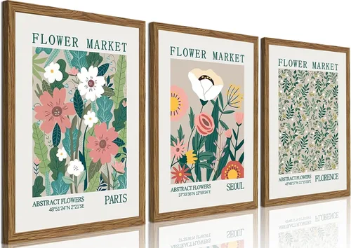 Arte de pared en lienzo enmarcado en madera Flower Market, juego de 3 - Cuadros florales coloridos vintage, decoración de pared, pinturas abstractas