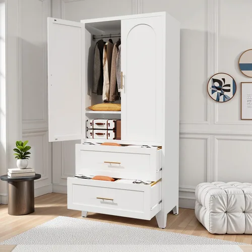 Miniatura 10 de Armario Ropero de Metal de 60" con 1 Cajón, Closet Alto Independiente Arqueado de 2 Puertas para Almacenamiento de Ropa con Estantes Ajustables