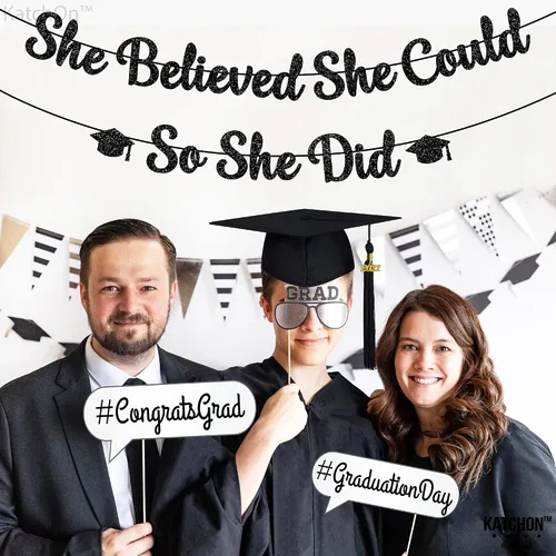 Miniatura 6 de KatchOn, Cartel de She Believed She Could So She Did, con purpurina, 10 pies, sin bricolaje, pancarta negra para decoraciones de graduación 2026
