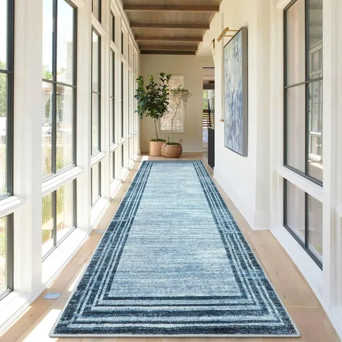 Miniatura 74 de Alfombra de pasillo moderna abstracta Lahome, alfombra lavable turquesa de 2 x 6 pulgadas para entrada, alfombra antideslizante de bajo pelo
