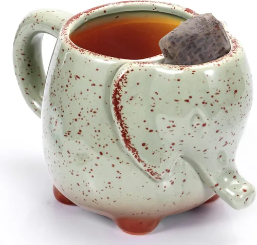Taza de té de elefante, taza de té de cerámica de 15 onzas con soporte para bolsa de té, taza única de cerámica verde, ideal para un amante del té
