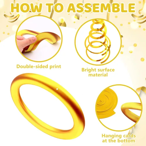 Miniatura 3 de Juego de 90 espirales colgantes de anillo dorado con tarjeta de papel de aluminio dorado para colgar, videojuegos, fiesta, serpentina de techo