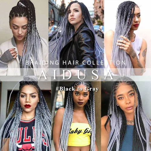 Miniatura 3 de Extensiones de cabello trenzado color gris degradado, 5 unidades, trenzas sintéticas de 24 pulgadas, 2 tonos, cabello gris para trenzas de caja, #28