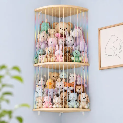 Miniatura 10 de Hamaca de almacenamiento de animales de peluche, diseño de medio círculo de madera, organizador de juguetes de felpa para decoración de habitación