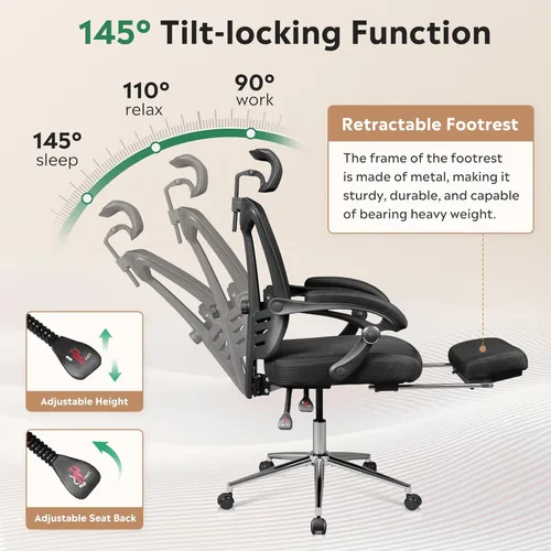 Miniatura 5 de DEVAISE Silla de escritorio ergonómica de malla con reposapiés, cómoda silla de computadora reclinable grande y alta con soporte lumbar ajustable