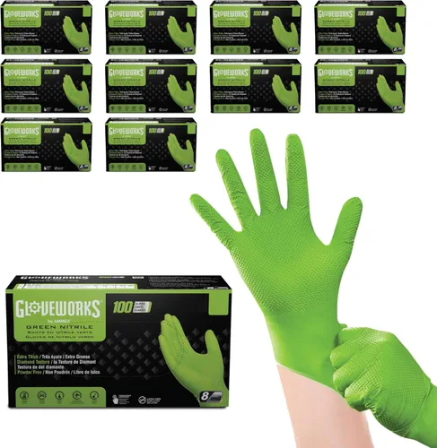 Miniatura 10 de GLOVEWORKS Guantes verdes de HD, guante mecánico de agarre de diamante elevado resistente desechable de nitrilo de 8 mil, opciones de compra a granel